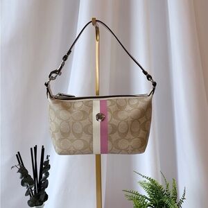 Coach Mini Beige Signature Shoulder Bag with Pink & Cream Stripe